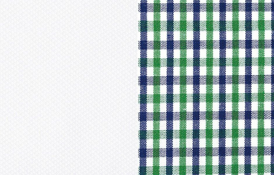 （左画像）ホワイト生地アップ画像　（右画像）エリ/裾部分チェック生地アップ画像