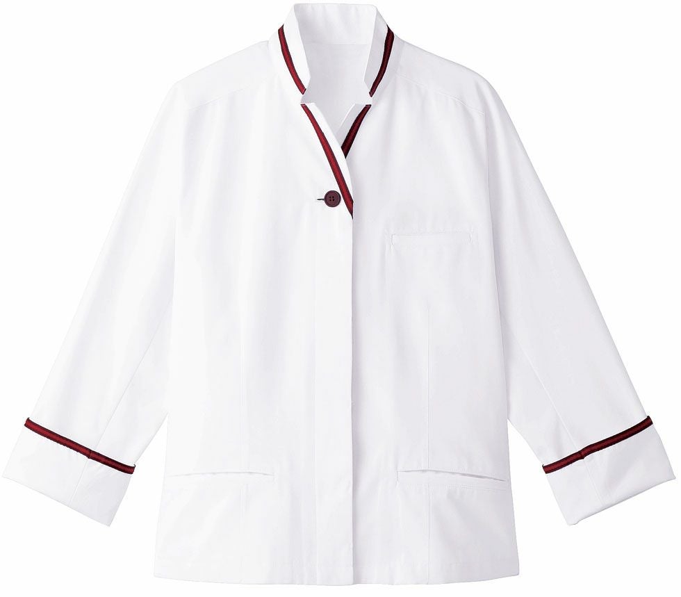 ホワイト×ワイン／【女性用・制電】ライン入り・7分袖コックコート [SUN-ET1342]