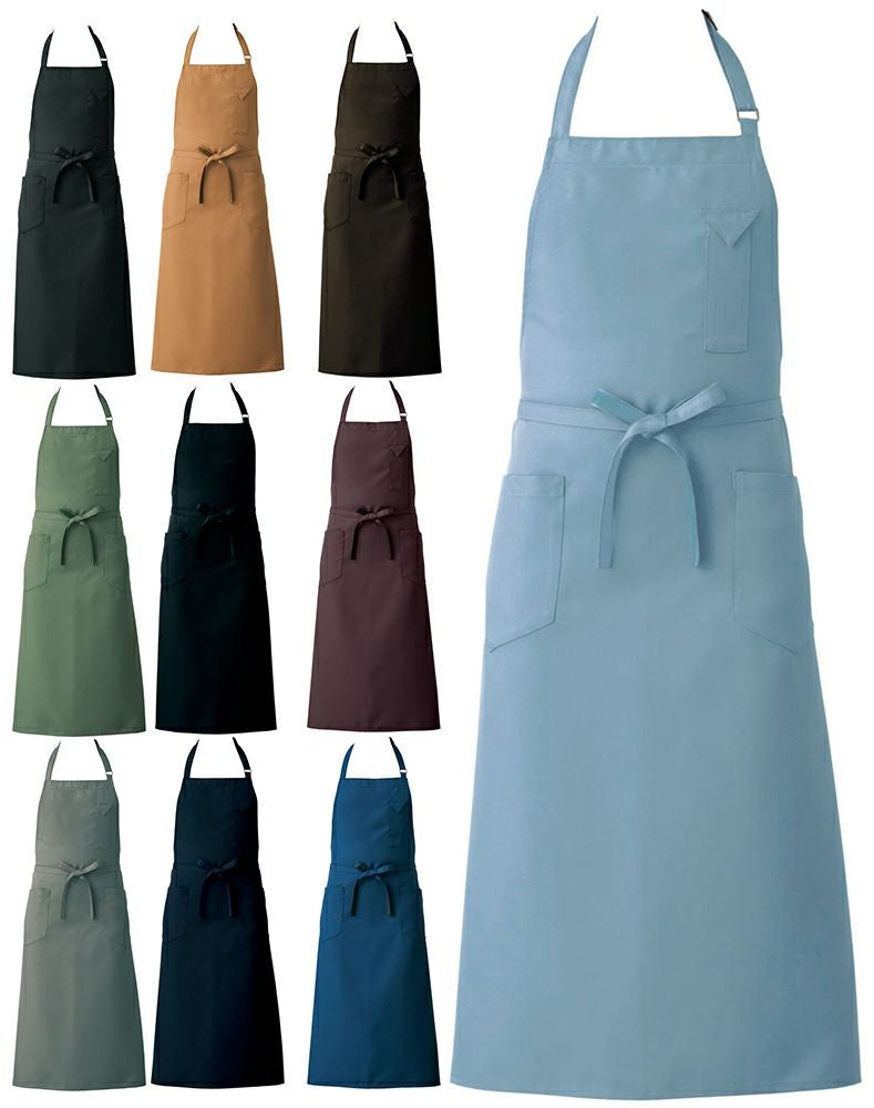 制電素材の首掛け胸当てエプロンのロング丈