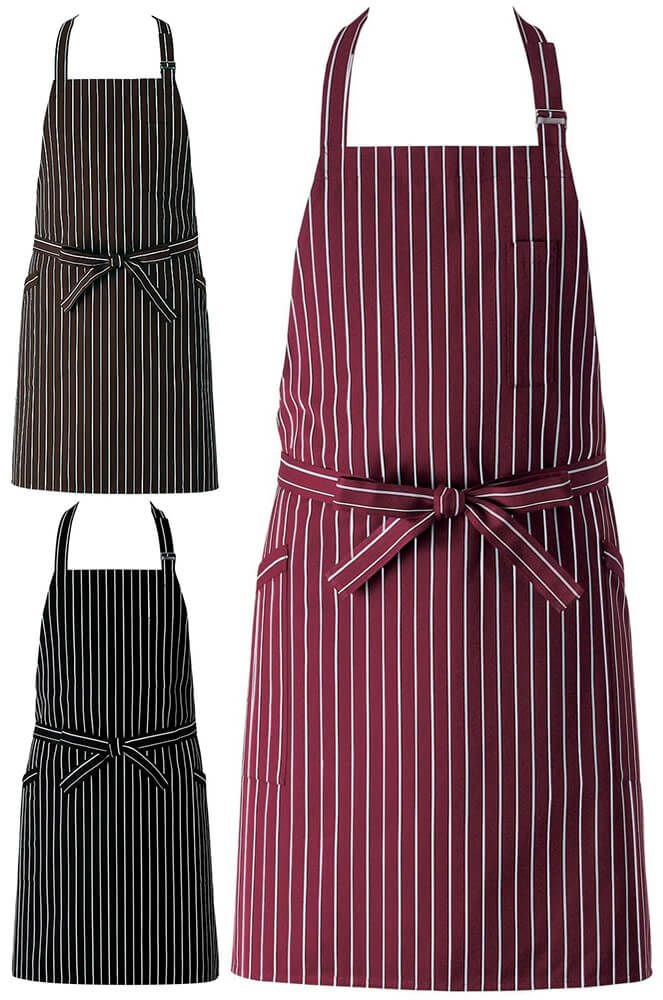 ストライプ柄の首掛け胸当てエプロン