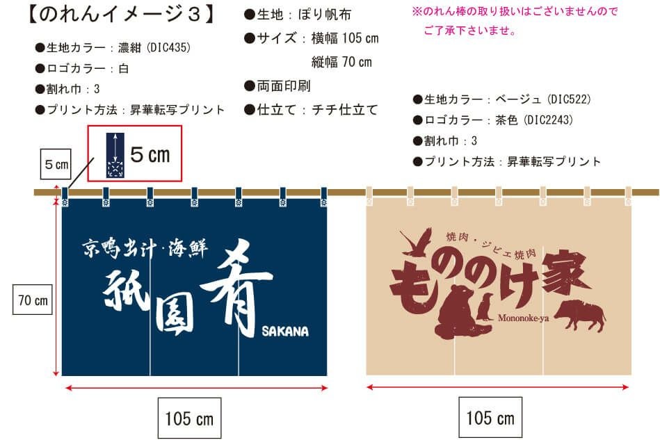 実際にお客様との打ち合わせの時に見ていただいた暖簾完成イメージ画像です。<br>１度に２店舗分の暖簾を製作させていただきました。