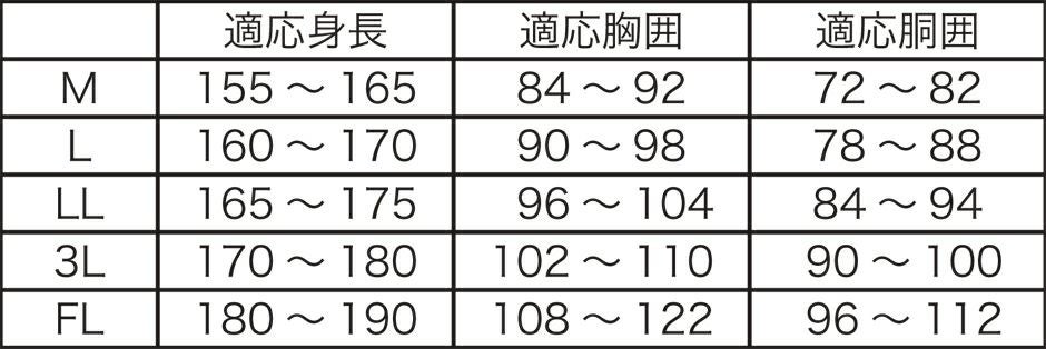 サイズ表 ※【FLサイズ】は、4L・5L対応です。
