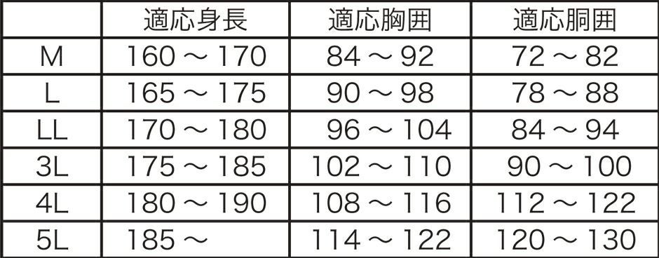 サイズ表　※オレンジ・ODはM～3Lのみ