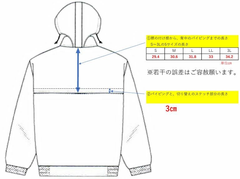 背中のエリ後ろ部分から反射パイピングまでの長さのサイズ表