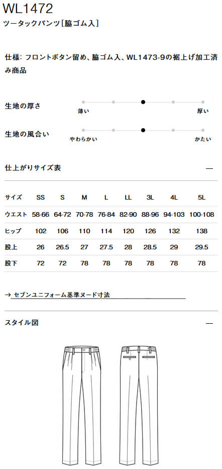 サイズ表：裾上げ加工済み商品