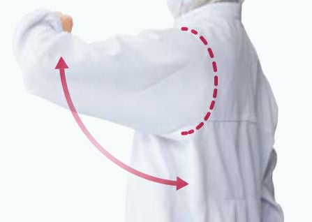 シーム(接ぎ)をなくし、つっぱり感を軽減<br>生地の伸びを妨げ、つっぱり感の原因になるのがシーム(接ぎ)。前後身頃の袖付けのシームをなくしたことで、腕の前後上下の動きがスムーズになります。