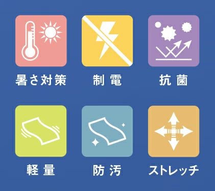 暑さ対策・制電・抗菌・軽量・防汚・ストレッチ