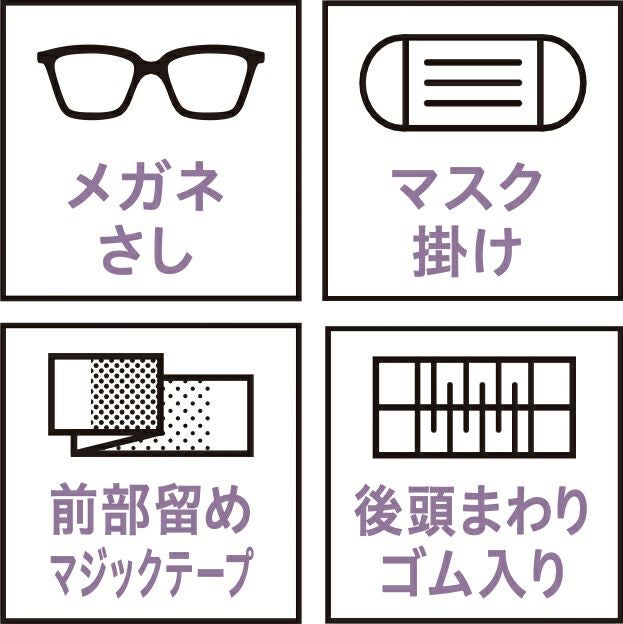 メガネさし・マスク掛け・前部留めマジックテープ・後頭まわりゴム入り