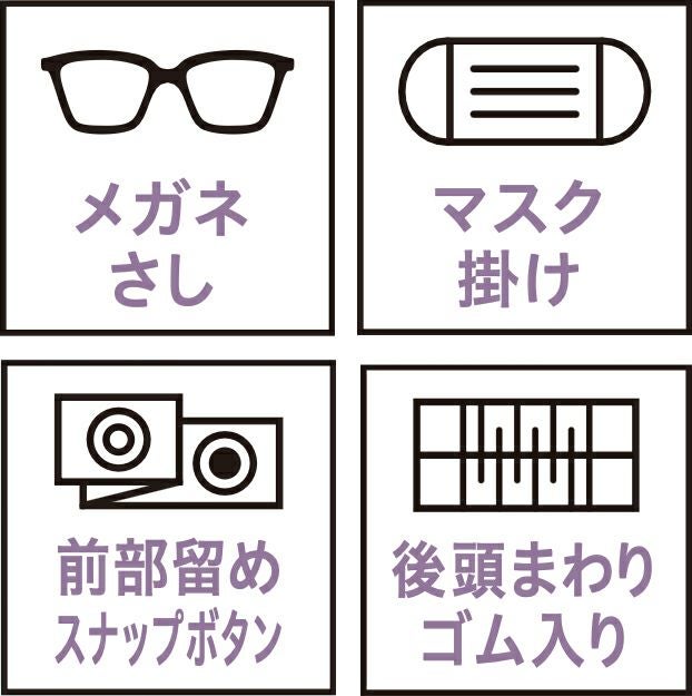 メガネさし・マスク掛け・前部留めスナップボタン・後頭まわりゴム入り