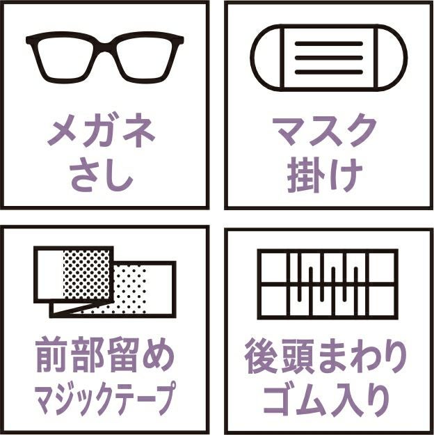 メガネさし・マスク掛け・前部留めマジックテープ・後頭まわりゴム入り