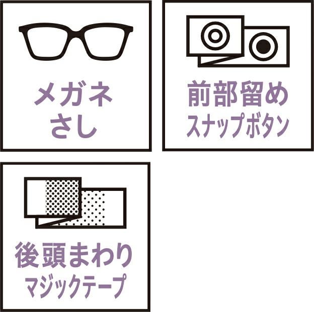 メガネさし・前部留めスナップボタン・後頭まわりマジックテープ