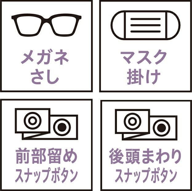 メガネさし・マスク掛け・前部留めスナップボタン・後頭まわりスナップボタン