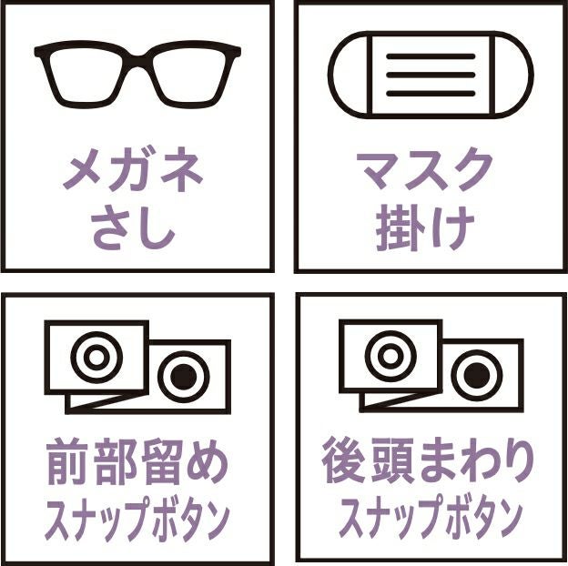 メガネさし・マスク掛け・前部留めスナップボタン・後頭まわりスナップボタン