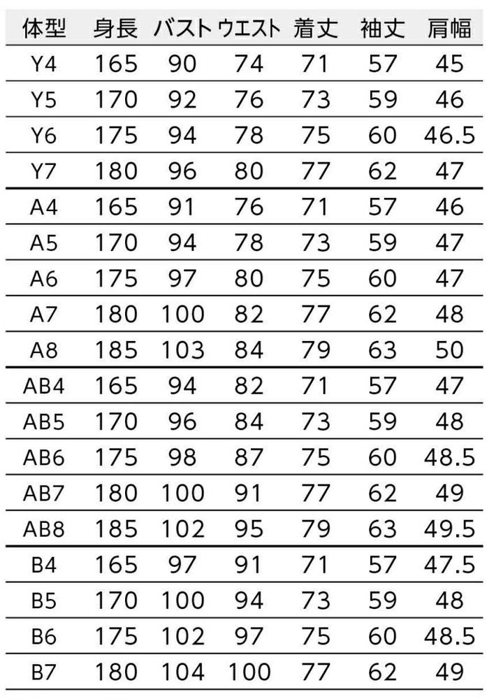 ゆるみ寸法：Y体・A体=バスト15cm・ウエスト17cm／AB体・B体=バスト16cm・ウエスト17cm