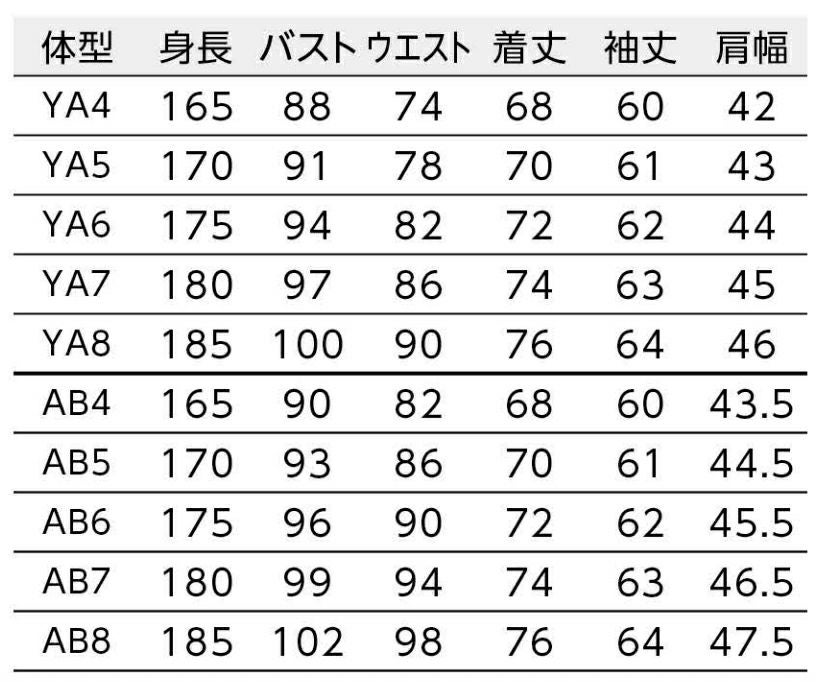 ゆるみ寸法：YA体=バスト13cm／AB体=バスト17cm