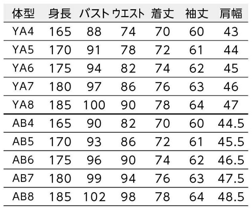 ゆるみ寸法：YA体=バスト15cm／AB体=バスト19cm