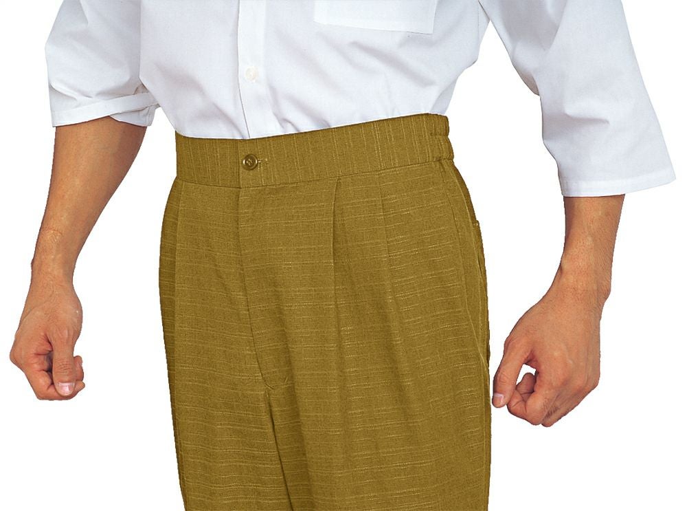 ウエストデザイン<br>前ファスナーですっきりとしたツータック入りのデザインです。後ろゴム入り。